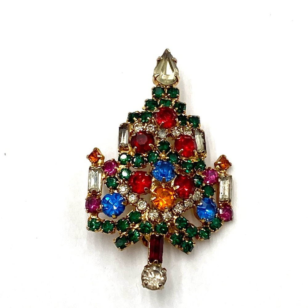 Vintage Warner Christmas Tree Brooch Rhinestones Multicolored Estate